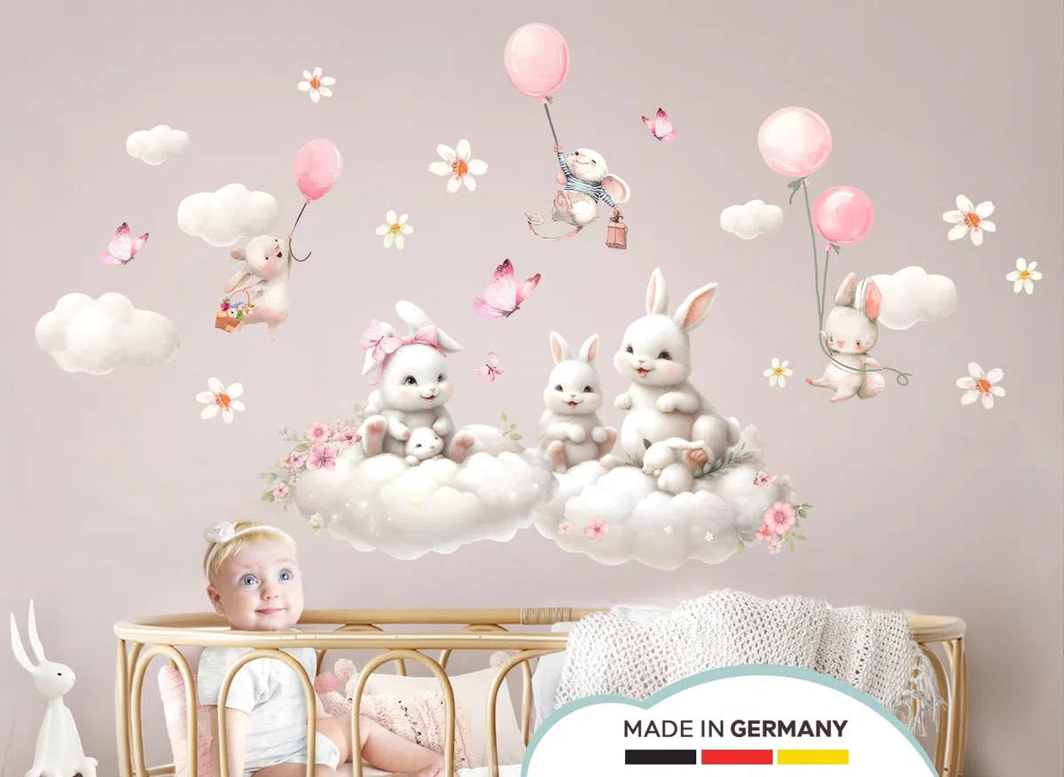 Little Deco Naklejka na ścianę z motywem zająca na chmurach, tatuaż ścienny, pokój dziecięcy, kwiaty, zestaw naklejek na ścianę, pokój dziecięcy, myszka, balon, sypialnia, dekoracja ścienna, DL5055-05