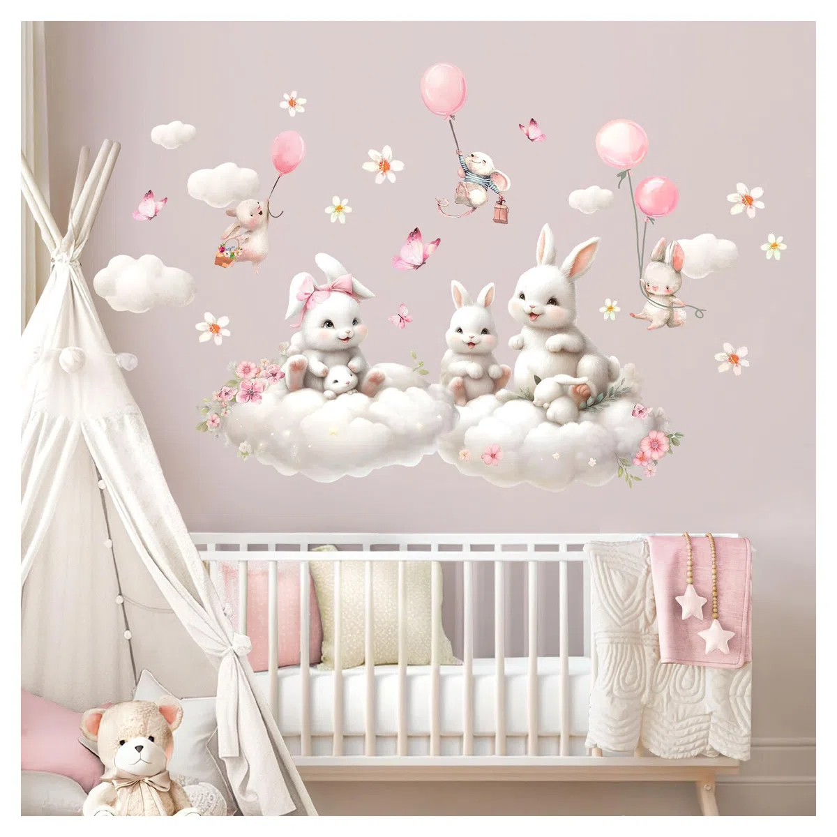 Little Deco Naklejka na ścianę z motywem zająca na chmurach, tatuaż ścienny, pokój dziecięcy, kwiaty, zestaw naklejek na ścianę, pokój dziecięcy, myszka, balon, sypialnia, dekoracja ścienna, DL5055-05