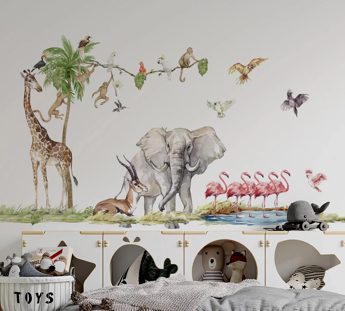 XXL Sunny Safari naklejka na ścianę z flamingami, tatuaż ścienny, do pokoju dziecięcego, naklejka ścienna, słoń, żyrafa, duży zestaw