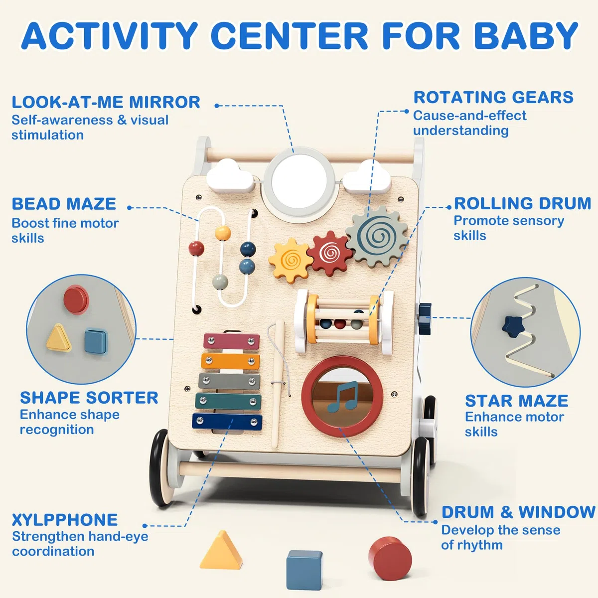 2IN1 Montessori Walker z drewna, zabawka Baby Walker z regulowaną prędkością