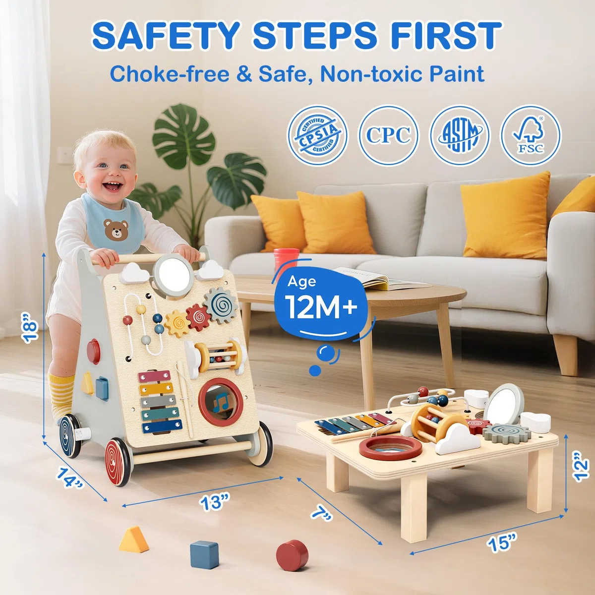 2IN1 Montessori Walker z drewna, zabawka Baby Walker z regulowaną prędkością