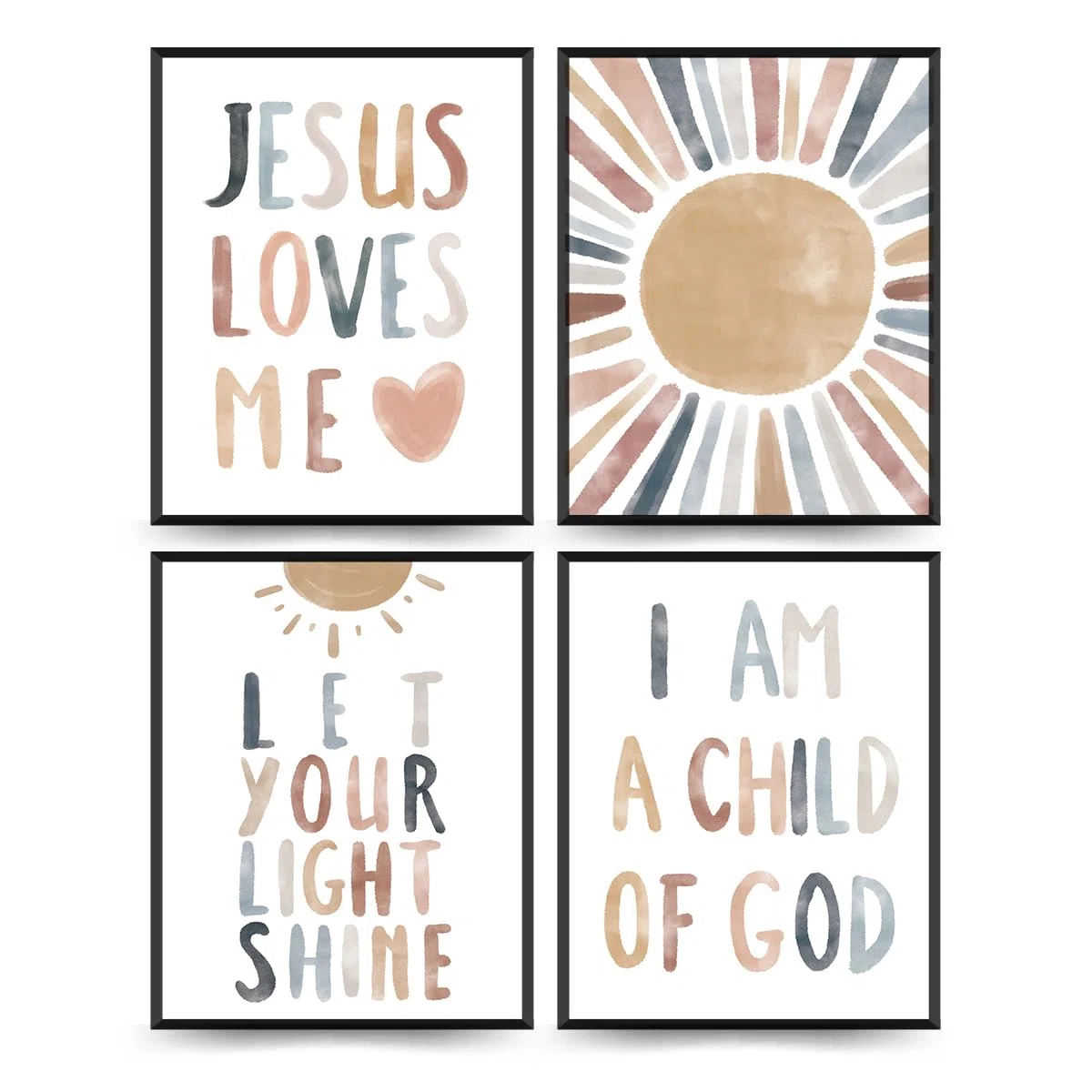 PLKMN 'Jesus Loves Me' wydruki ścienne, dziecko Boże, inspirujące wersety biblijne boho słońce dekoracja do pokoju dziecięcego pokoju dziecięcego, prezenty dla dzieci, 25 x 20 cm, zestaw 4 szt.,