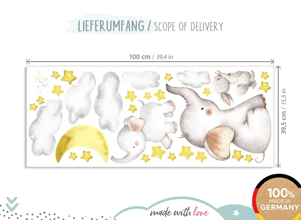 Little Deco Wandtattoo Babyzimmer Elefant und Hase mit Mond und Sternen I 163 x 95 cm (BxH) I Kinderbilder Deko Kinderzimmer Mädchen Aufkleber Junge Sticker DL463