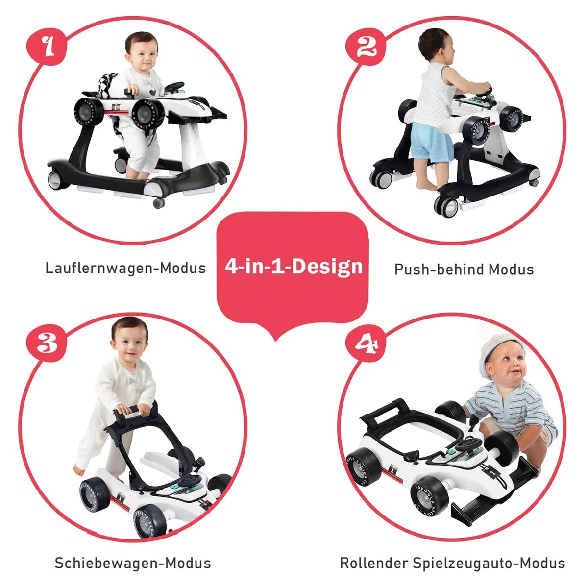 FANTASK Wózek do nauki chodzenia z oświetleniem i kółkami, składany wózek do nauki chodzenia z regulowaną wysokością i prędkością, 4 w 1 Baby Walker w kształcie samochodu, z pozytywką do 15 kg, bez