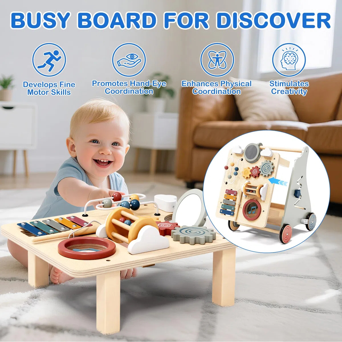 2IN1 Montessori Walker z drewna, zabawka Baby Walker z regulowaną prędkością