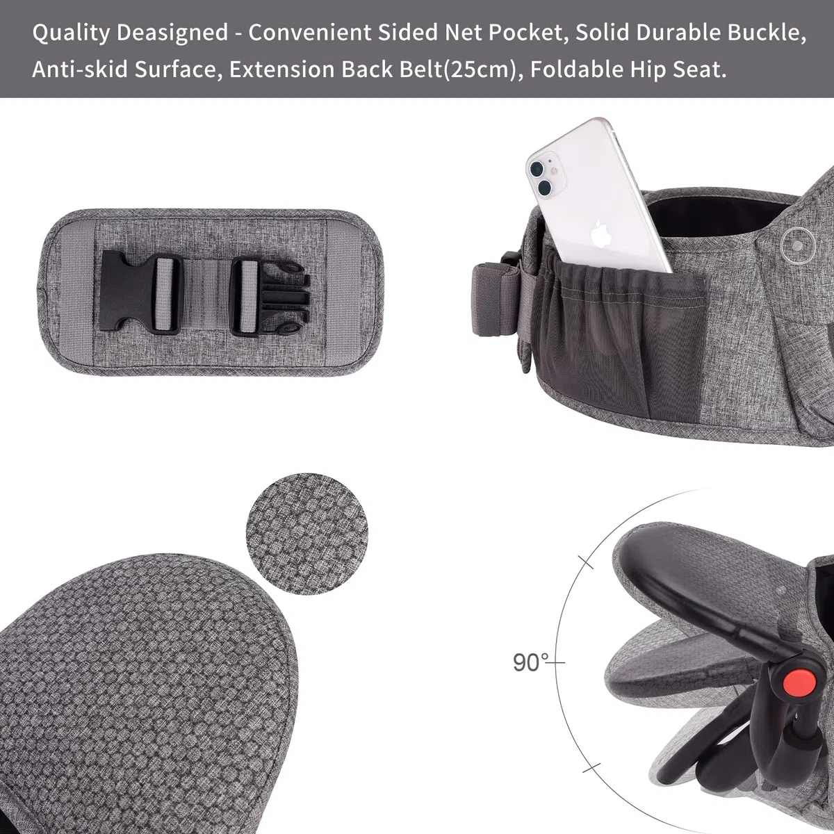 Bebamour Hipseat Nosidełko dla niemowląt 0-36 miesięcy, lekki, regulowany, podtrzymujący plecy stołek w talii, nosidełko 3 w 1 dla noworodka do fotelika dla malucha (New Light Grey)