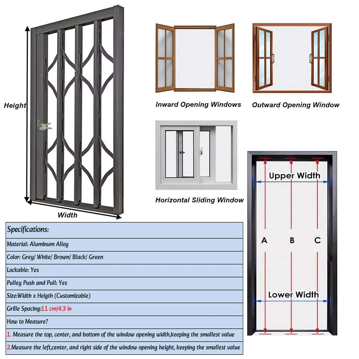 Pionowe składane pręty bezpieczeństwa ze stopu aluminium do okien domu i patio, szerokość 50-120 cm, trwała ochrona mieszkania, łatwa instalacja, 100 x 180 cm