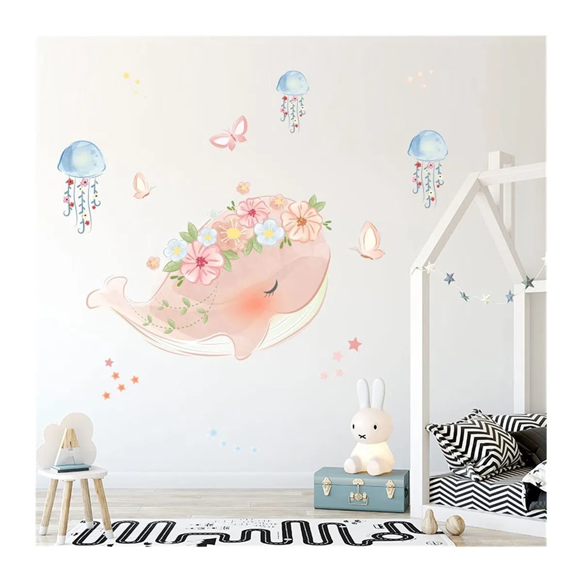 caihuashopping Różowy wieniec wieloryb meduza naklejka ścienna do pokoju dziecięcego dekoracja przedszkola tapeta odklej i przyklej winyl dziecko DIY kalkomania mural
