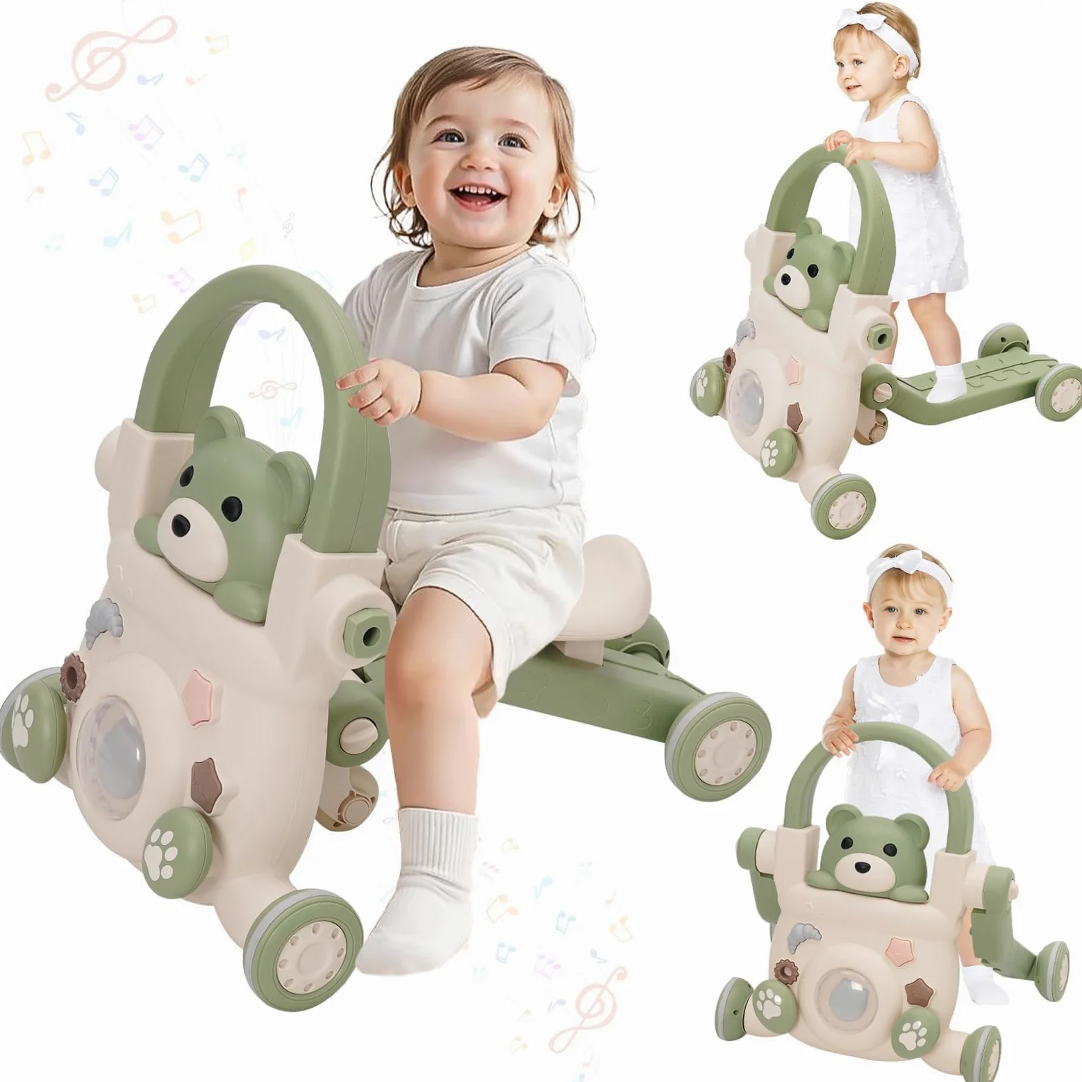 Pomoc dla dzieci 3 w 1, wielofunkcyjna zabawka do chodzenia, z muzyką do jazdy konnej, raczkowania, ciągnięcia, pchania i zabawy, dla dzieci od 6 miesięcy